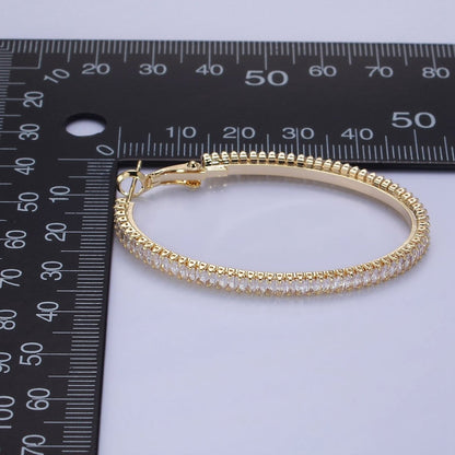 14K Gold Filled 50mm Clear CZ Baguette Tennis Hinge Hoop Earrings in Gold &amp; Silver | AE503 AE504