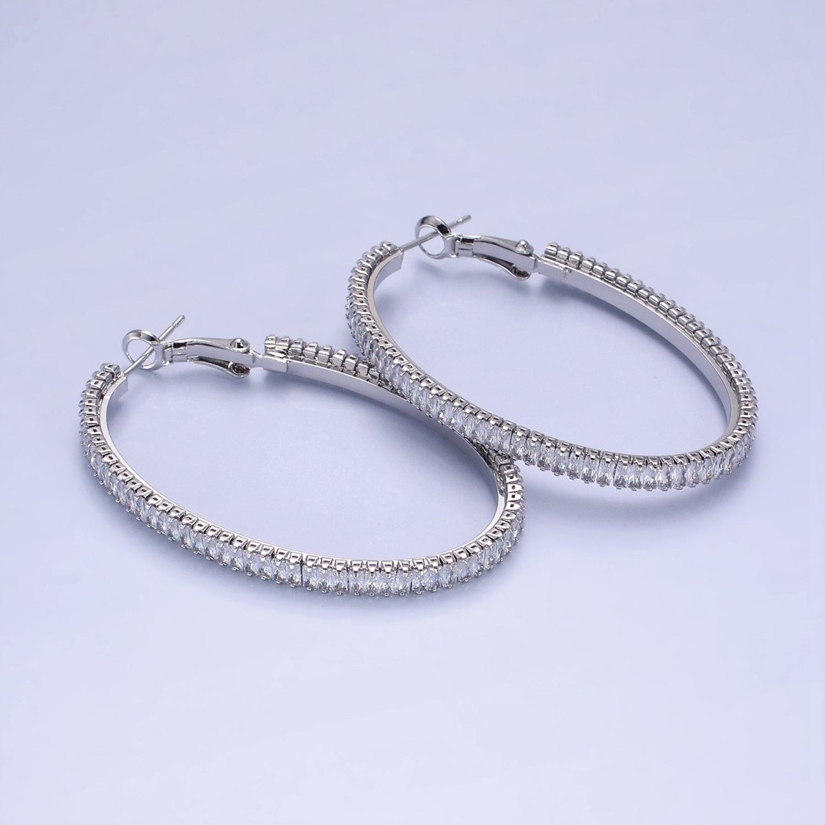 14K Gold Filled 50mm Clear CZ Baguette Tennis Hinge Hoop Earrings in Gold &amp; Silver | AE503 AE504