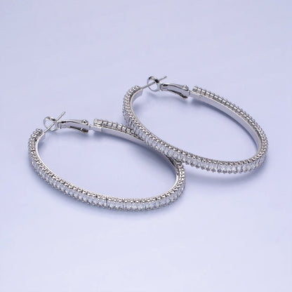 14K Gold Filled 50mm Clear CZ Baguette Tennis Hinge Hoop Earrings in Gold &amp; Silver | AE503 AE504