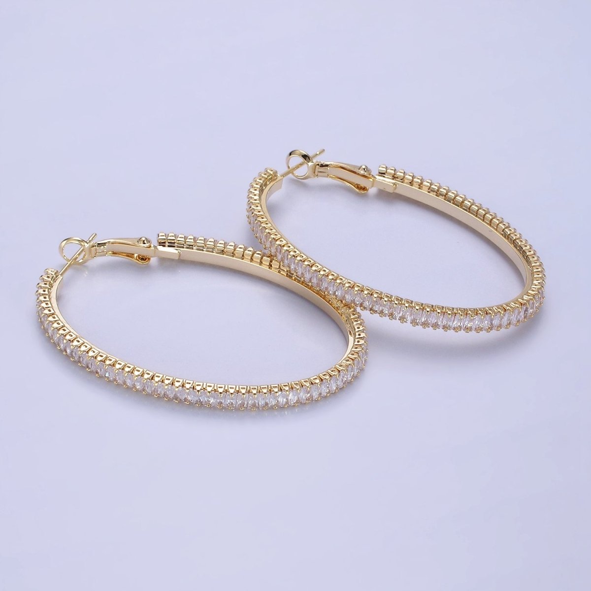 14K Gold Filled 50mm Clear CZ Baguette Tennis Hinge Hoop Earrings in Gold &amp; Silver | AE503 AE504