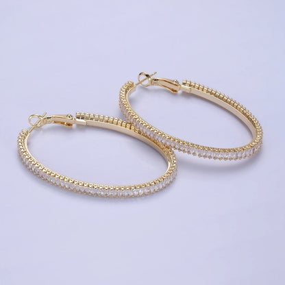 14K Gold Filled 50mm Clear CZ Baguette Tennis Hinge Hoop Earrings in Gold &amp; Silver | AE503 AE504