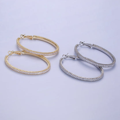 14K Gold Filled 50mm Clear CZ Baguette Tennis Hinge Hoop Earrings in Gold &amp; Silver | AE503 AE504