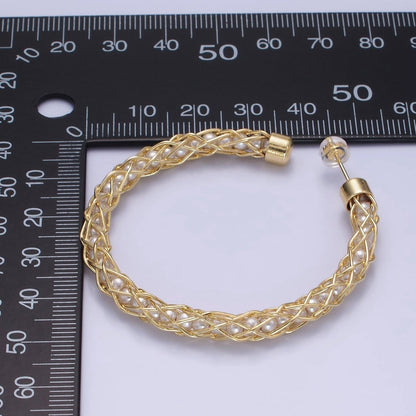 14K Gold Filled 50mm Pearl Lined Wire Intertwined C-Shaped Hoop Earrings | AE518