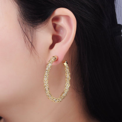14K Gold Filled 50mm Pearl Lined Wire Intertwined C-Shaped Hoop Earrings | AE518