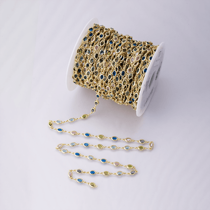 14K Gold Filled 5.3mm Multicolor CZ Oval Bezel Gemstone Unfinished Chain by Yard | Roll-01850