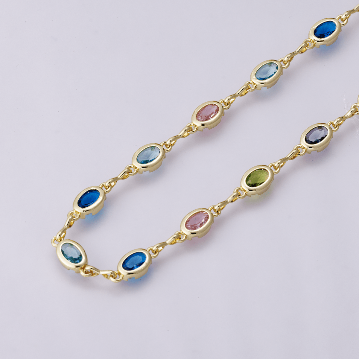 14K Gold Filled 5.3mm Multicolor CZ Oval Bezel Gemstone Unfinished Chain by Yard | Roll-01850