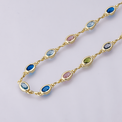 14K Gold Filled 5.3mm Multicolor CZ Oval Bezel Gemstone Unfinished Chain by Yard | Roll-01850
