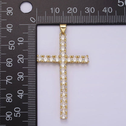 14K Gold Filled 54mm Clear Micro Paved CZ Lined Long Latin Cross Religious Pendant | N1303