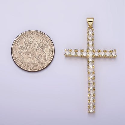 14K Gold Filled 54mm Clear Micro Paved CZ Lined Long Latin Cross Religious Pendant | N1303