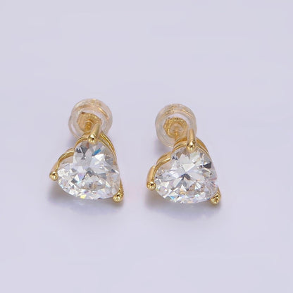 14K Gold Filled 6.5mm, 9mm Clear CZ Heart Bezel Stud Earrings | AE599 AE762