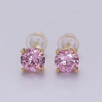 14K Gold Filled 6mm Clear, Pink, Blue, Green CZ Round Stud Earrings in Gold &amp; Silver | V342 - V353
