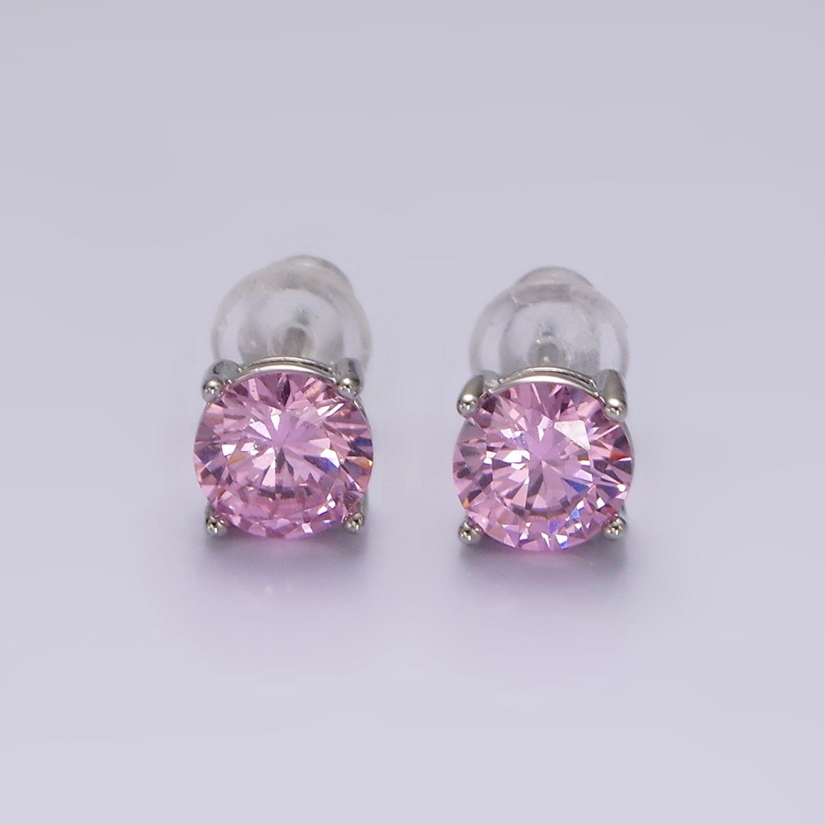 14K Gold Filled 6mm Clear, Pink, Blue, Green CZ Round Stud Earrings in Gold &amp; Silver | V342 - V353