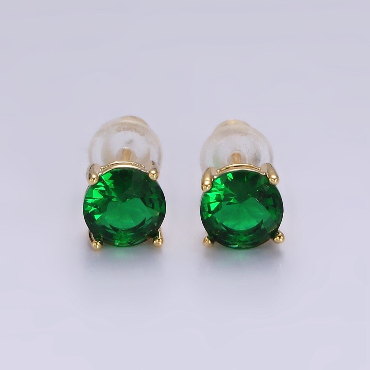 14K Gold Filled 6mm Clear, Pink, Blue, Green CZ Round Stud Earrings in Gold &amp; Silver | V342 - V353