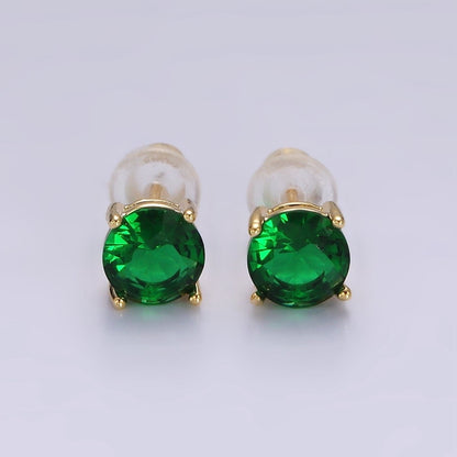 14K Gold Filled 6mm Clear, Pink, Blue, Green CZ Round Stud Earrings in Gold &amp; Silver | V342 - V353