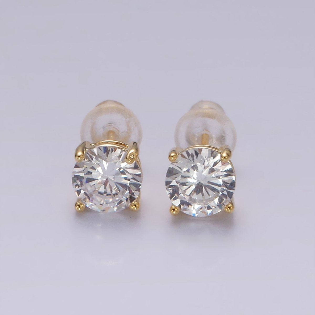 14K Gold Filled 6mm Clear, Pink, Blue, Green CZ Round Stud Earrings in Gold &amp; Silver | V342 - V353