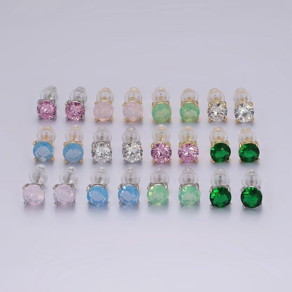 14K Gold Filled 6mm Clear, Pink, Blue, Green CZ Round Stud Earrings in Gold &amp; Silver | V342 - V353