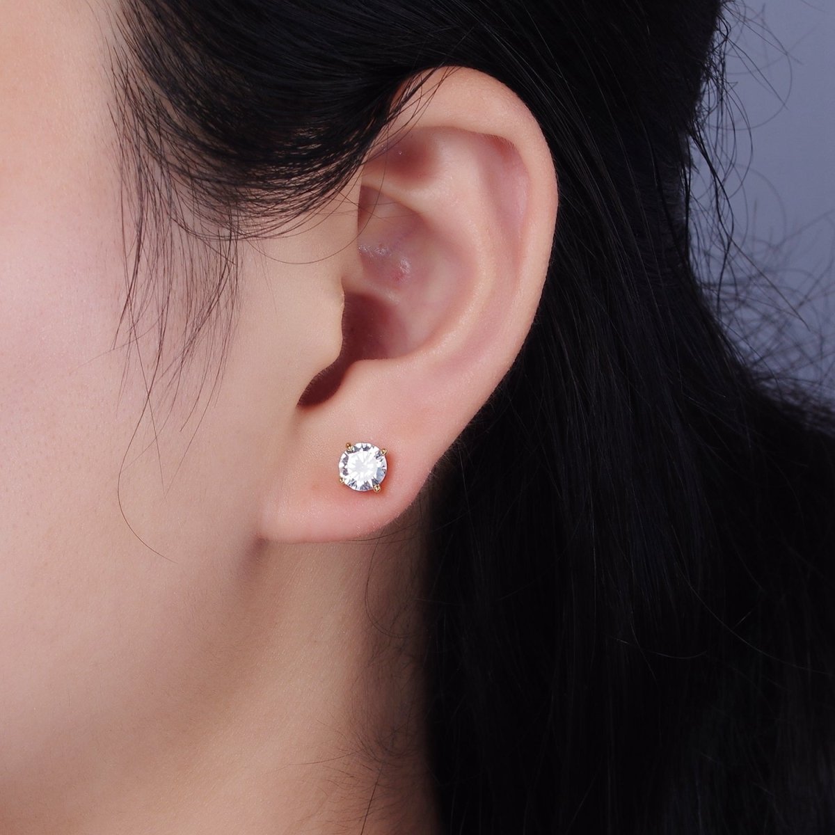 14K Gold Filled 6mm Clear, Pink, Blue, Green CZ Round Stud Earrings in Gold &amp; Silver | V342 - V353