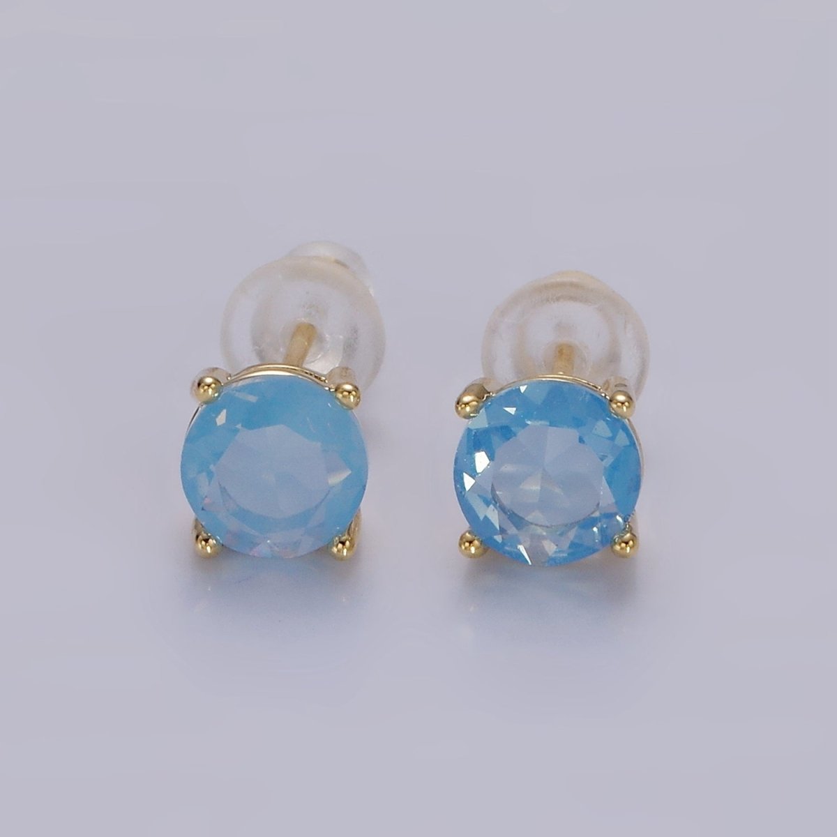14K Gold Filled 6mm Clear, Pink, Blue, Green CZ Round Stud Earrings in Gold &amp; Silver | V342 - V353
