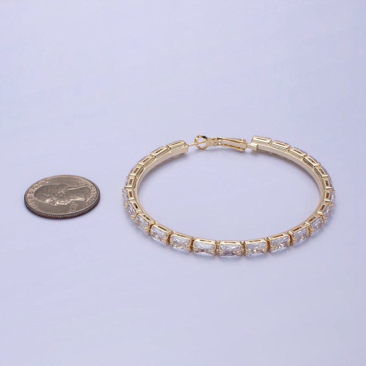 14K Gold Filled 70mm Clear CZ Baguette Lined Hinge Hoop Earrings in Gold &amp; Silver | AE511 AE512