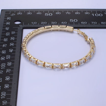 14K Gold Filled 70mm Clear CZ Baguette Lined Hinge Hoop Earrings in Gold &amp; Silver | AE511 AE512