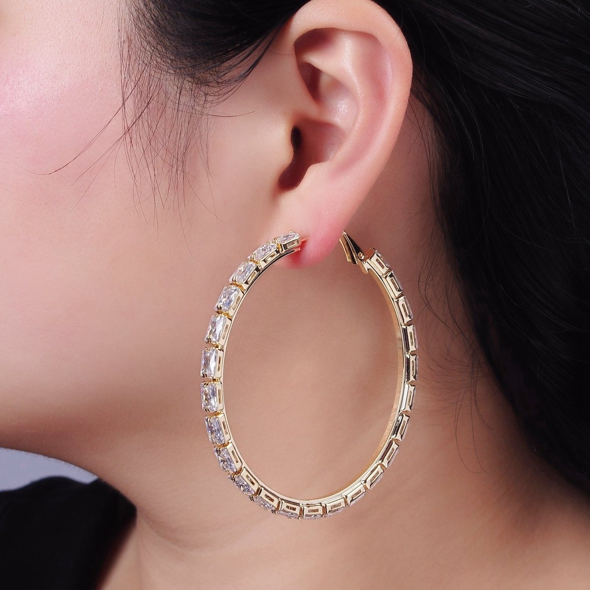 14K Gold Filled 70mm Clear CZ Baguette Lined Hinge Hoop Earrings in Gold &amp; Silver | AE511 AE512