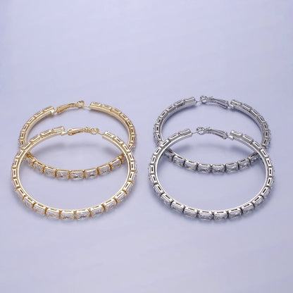 14K Gold Filled 70mm Clear CZ Baguette Lined Hinge Hoop Earrings in Gold &amp; Silver | AE511 AE512