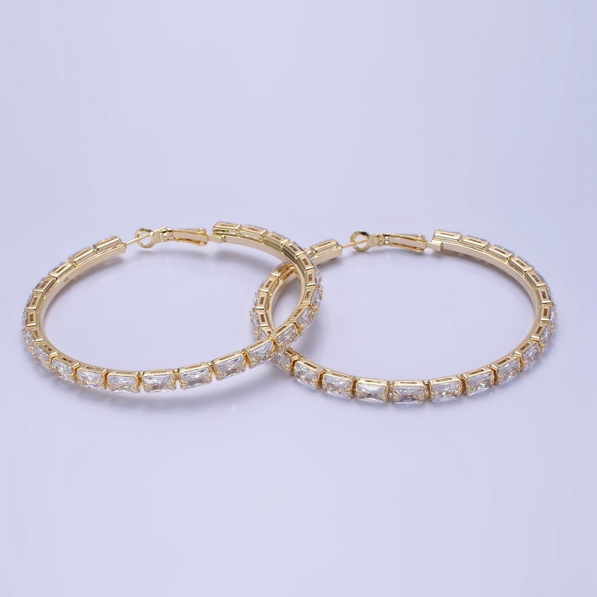 14K Gold Filled 70mm Clear CZ Baguette Lined Hinge Hoop Earrings in Gold &amp; Silver | AE511 AE512