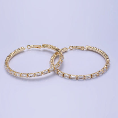 14K Gold Filled 70mm Clear CZ Baguette Lined Hinge Hoop Earrings in Gold &amp; Silver | AE511 AE512