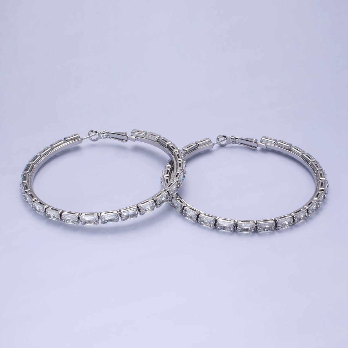 14K Gold Filled 70mm Clear CZ Baguette Lined Hinge Hoop Earrings in Gold &amp; Silver | AE511 AE512