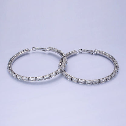 14K Gold Filled 70mm Clear CZ Baguette Lined Hinge Hoop Earrings in Gold &amp; Silver | AE511 AE512