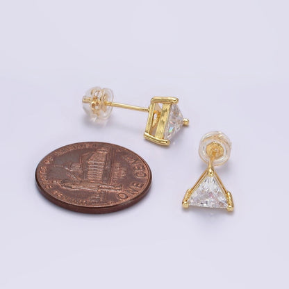 14K Gold Filled 7.5mm, 9.5mm Clear CZ Triangle Bezel Stud Earrings | AE787 AE788