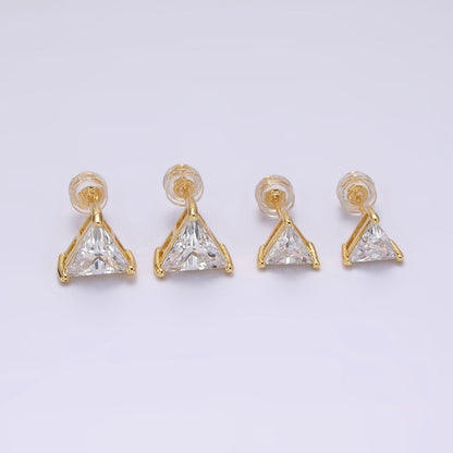 14K Gold Filled 7.5mm, 9.5mm Clear CZ Triangle Bezel Stud Earrings | AE787 AE788