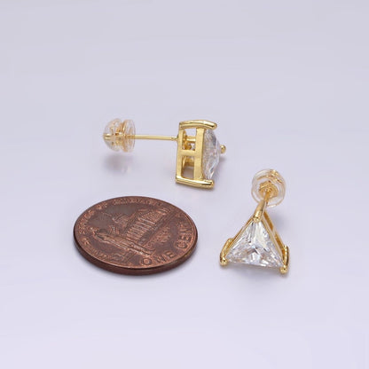 14K Gold Filled 7.5mm, 9.5mm Clear CZ Triangle Bezel Stud Earrings | AE787 AE788