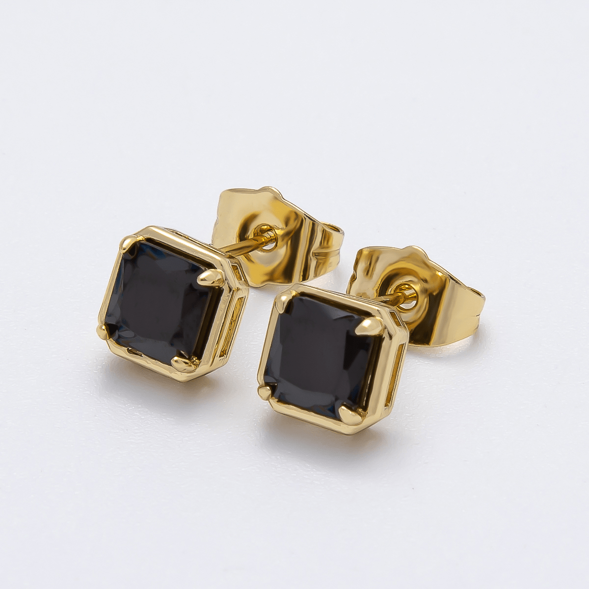14K Gold Filled 7.5mm Black Baguette Square CZ Bezel Stud Earrings | Earrings-00279