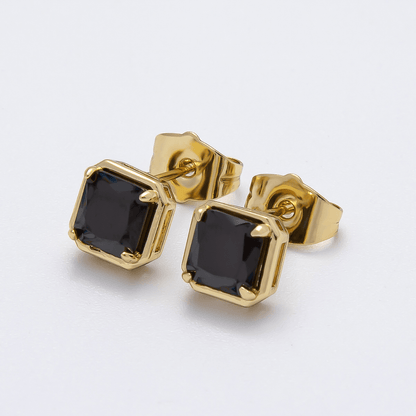 14K Gold Filled 7.5mm Black Baguette Square CZ Bezel Stud Earrings | Earrings-00279