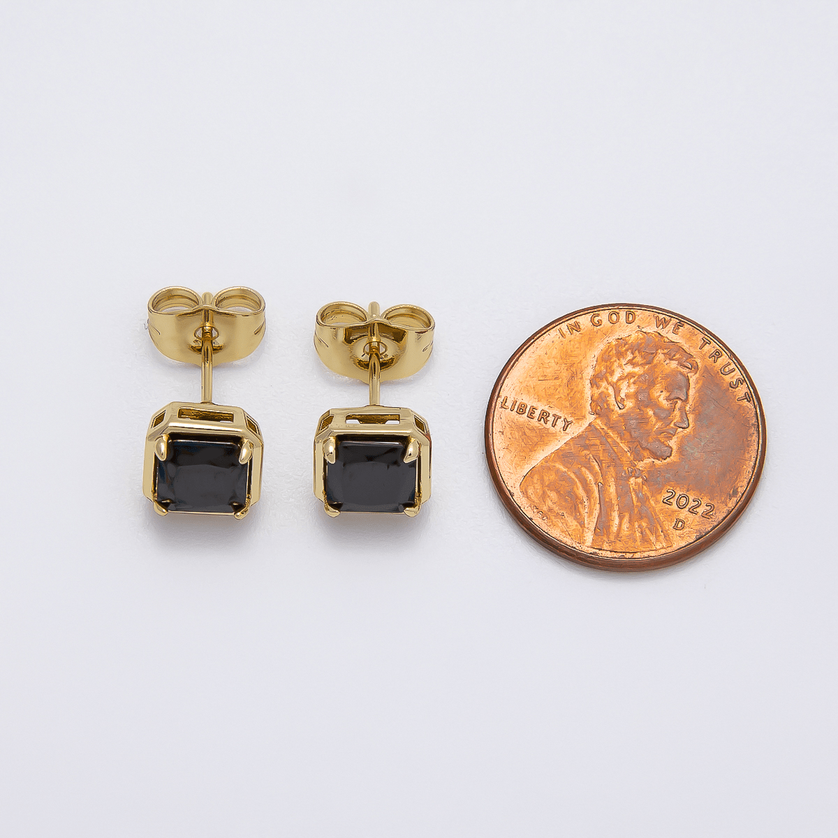 14K Gold Filled 7.5mm Black Baguette Square CZ Bezel Stud Earrings | Earrings-00279