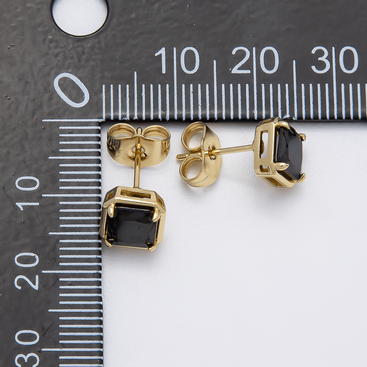14K Gold Filled 7.5mm Black Baguette Square CZ Bezel Stud Earrings | Earrings-00279
