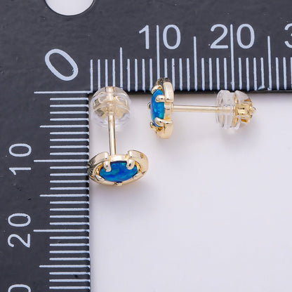 14K Gold Filled 8mm White, Blue Opal Clear CZ Dotted Curved Round Bezel Stud | Earrings-00464 Earrings-00465