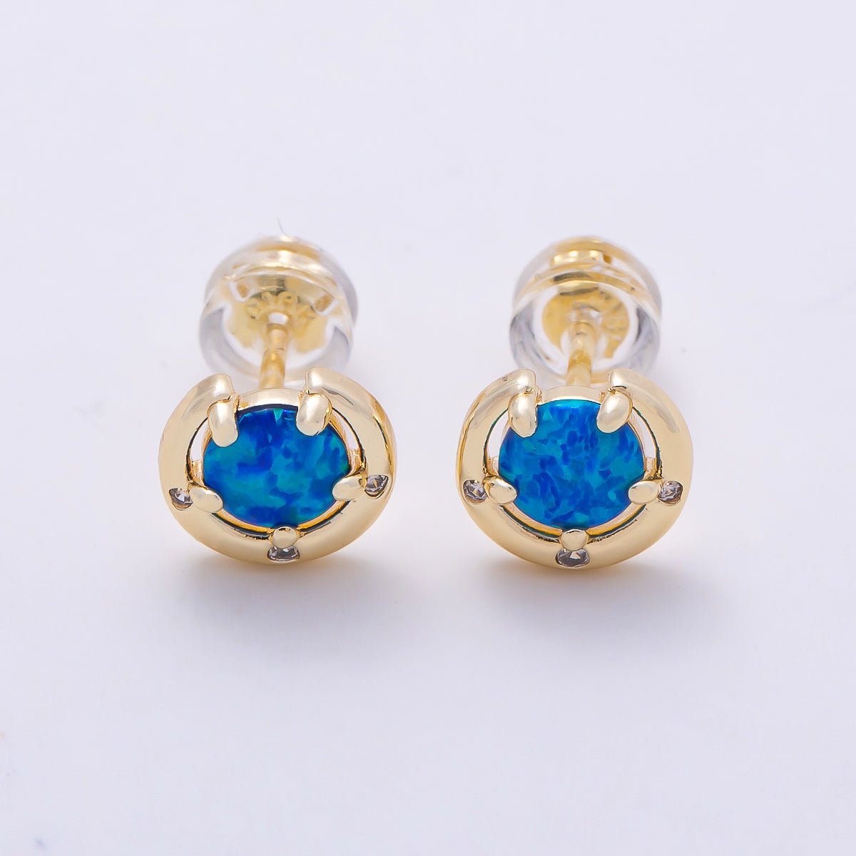 14K Gold Filled 8mm White, Blue Opal Clear CZ Dotted Curved Round Bezel Stud | Earrings-00464 Earrings-00465