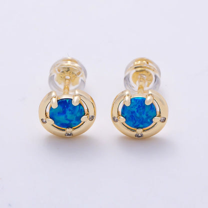 14K Gold Filled 8mm White, Blue Opal Clear CZ Dotted Curved Round Bezel Stud | Earrings-00464 Earrings-00465
