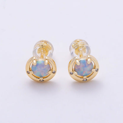 14K Gold Filled 8mm White, Blue Opal Clear CZ Dotted Curved Round Bezel Stud | Earrings-00464 Earrings-00465
