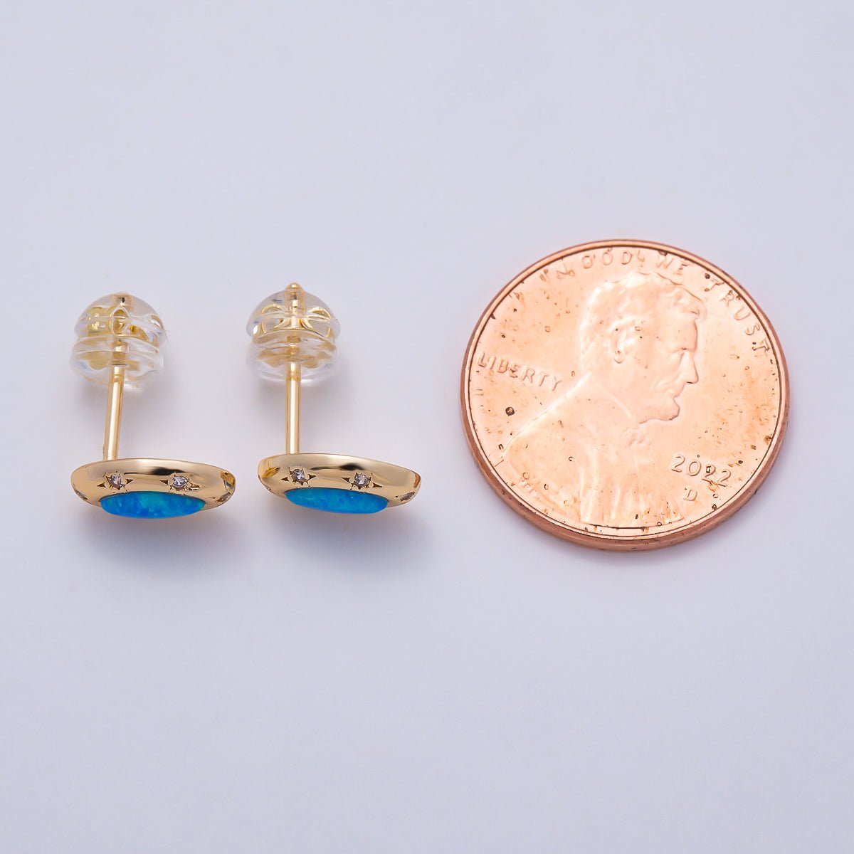 14K Gold Filled 9.5mm White, Blue Opal CZ Star Dotted Marquise Navette Bezel Stud | Earrings-00466 Earrings-00467