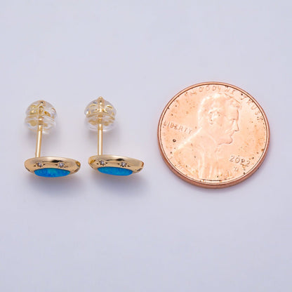 14K Gold Filled 9.5mm White, Blue Opal CZ Star Dotted Marquise Navette Bezel Stud | Earrings-00466 Earrings-00467