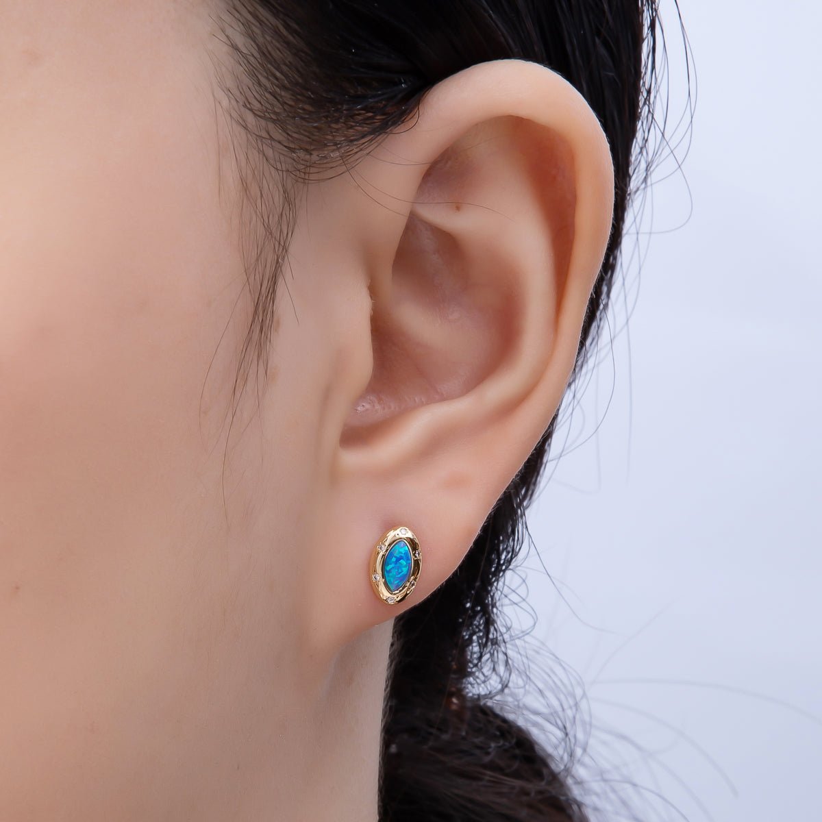 14K Gold Filled 9.5mm White, Blue Opal CZ Star Dotted Marquise Navette Bezel Stud | Earrings-00466 Earrings-00467