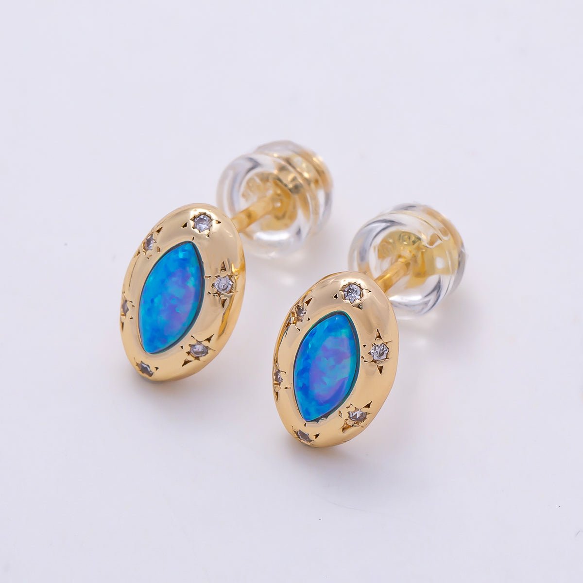 14K Gold Filled 9.5mm White, Blue Opal CZ Star Dotted Marquise Navette Bezel Stud | Earrings-00466 Earrings-00467