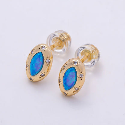 14K Gold Filled 9.5mm White, Blue Opal CZ Star Dotted Marquise Navette Bezel Stud | Earrings-00466 Earrings-00467