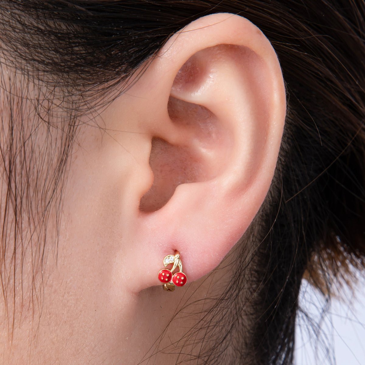 14K Gold Filled 9mm Cherry Fruit Enamel Micro Paved Huggie Earrings | Earrings-00086
