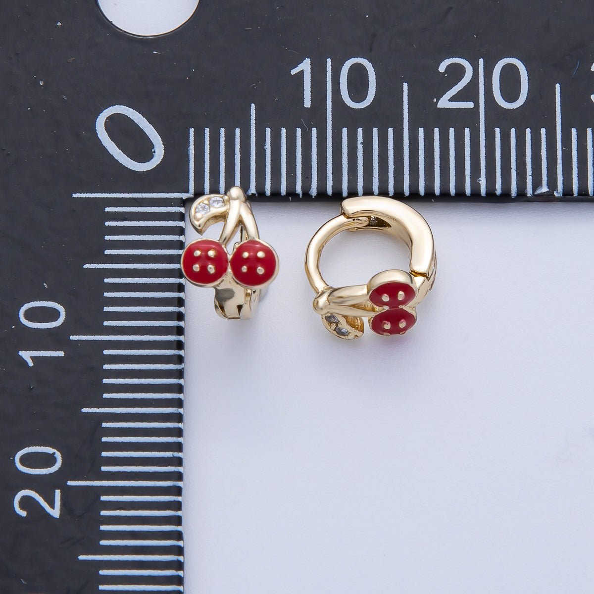 14K Gold Filled 9mm Cherry Fruit Enamel Micro Paved Huggie Earrings | Earrings-00086