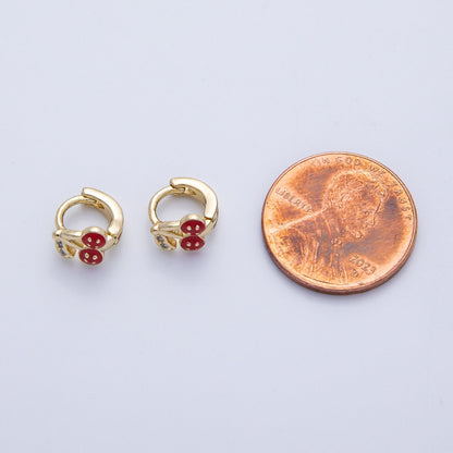 14K Gold Filled 9mm Cherry Fruit Enamel Micro Paved Huggie Earrings | Earrings-00086