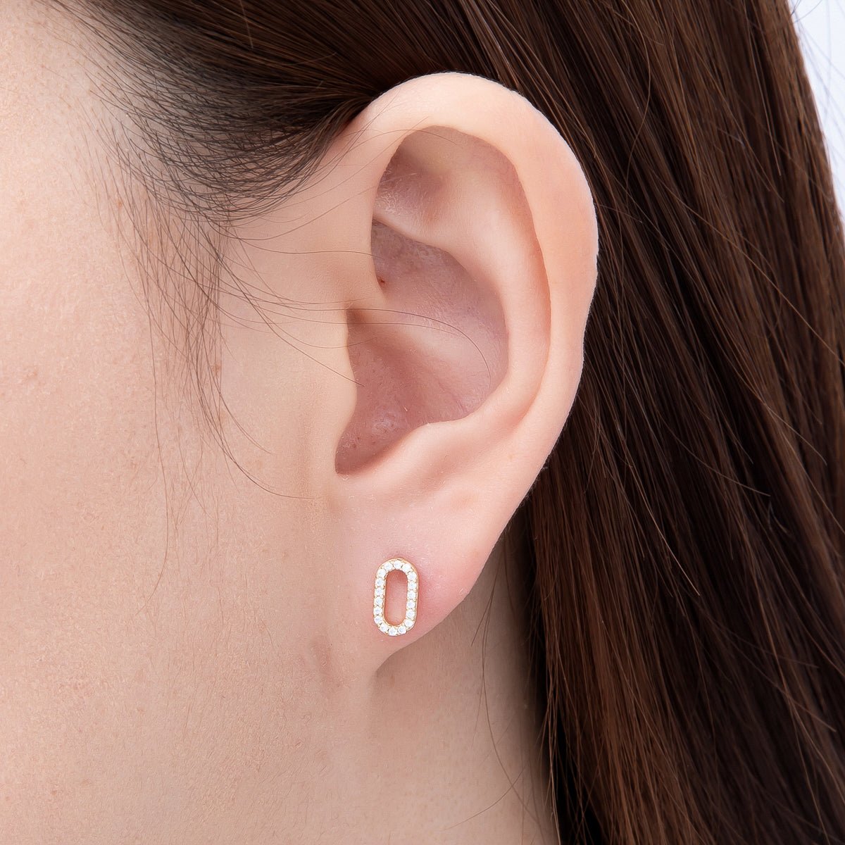 14K Gold Filled 9mm Micro Paved CZ Oval Link Stud Earrings | Earrings-00703